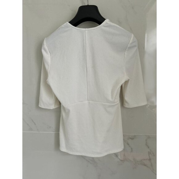 Intermix White Ribbed V-Neck Stretch Knit Top With Elbow Sleeves - Size S - Picture 4 of 7